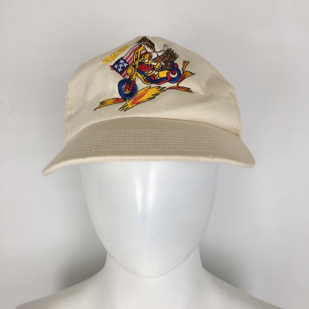 Vintage USA Flag & Eagle Motorcycle Baseball Cap Ride Free Cream Snapback Retro
